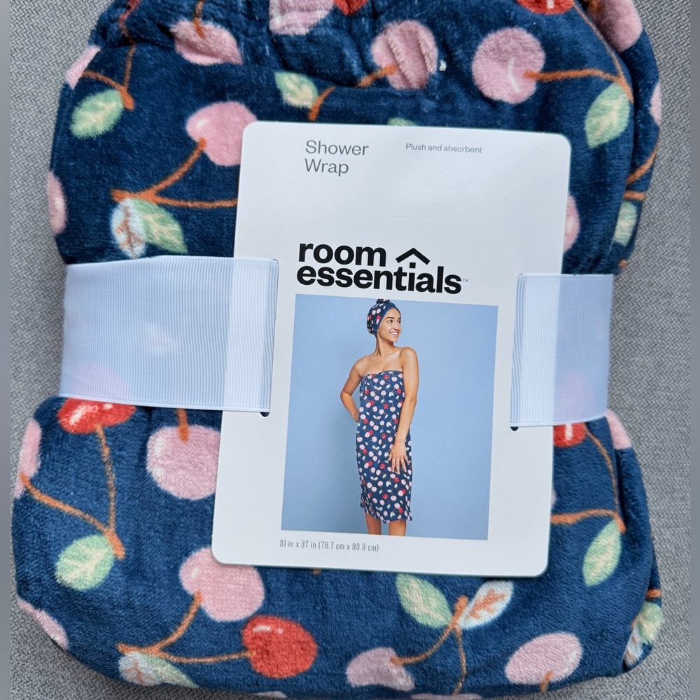 Room Essentials Blue Cherry Print Shower Wrap 100% Cotton